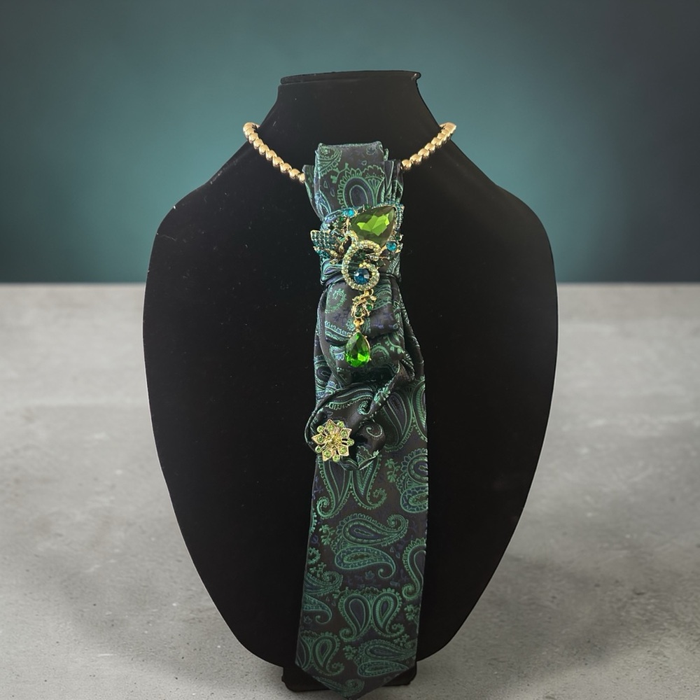 Green Paisley Silk Tie Necklace with Gold Accents